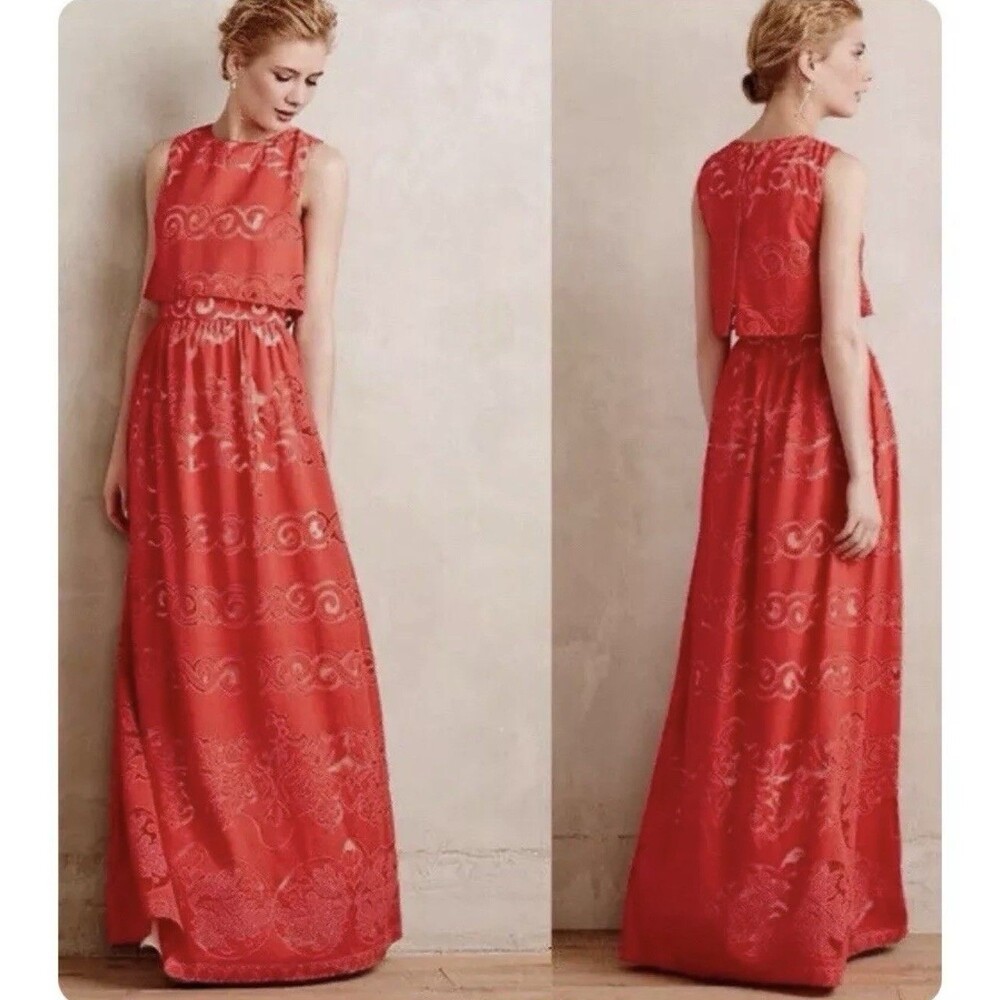 ERIN by Erin Fetherston Coral-Red Sleeveless Maxi Dress with Jacquard